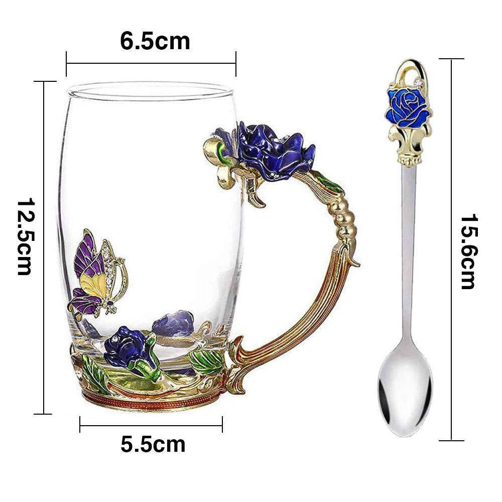 350ML Enamel Tea Cup Glass Coffee Mug with Spoon Coaster Box Blue