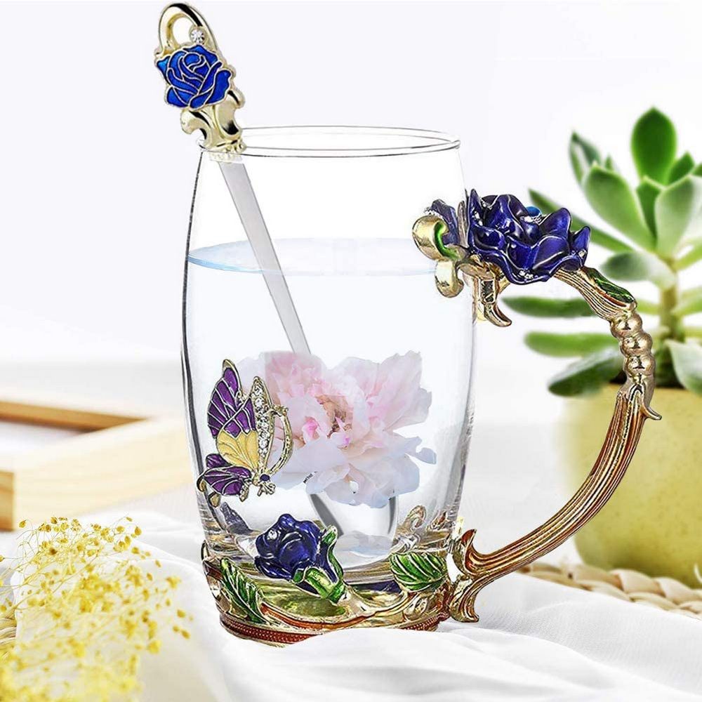 350ML Enamel Tea Cup Glass Coffee Mug with Spoon Coaster Box Blue