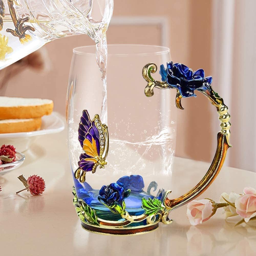 350ML Enamel Tea Cup Glass Coffee Mug with Spoon Coaster Box Blue