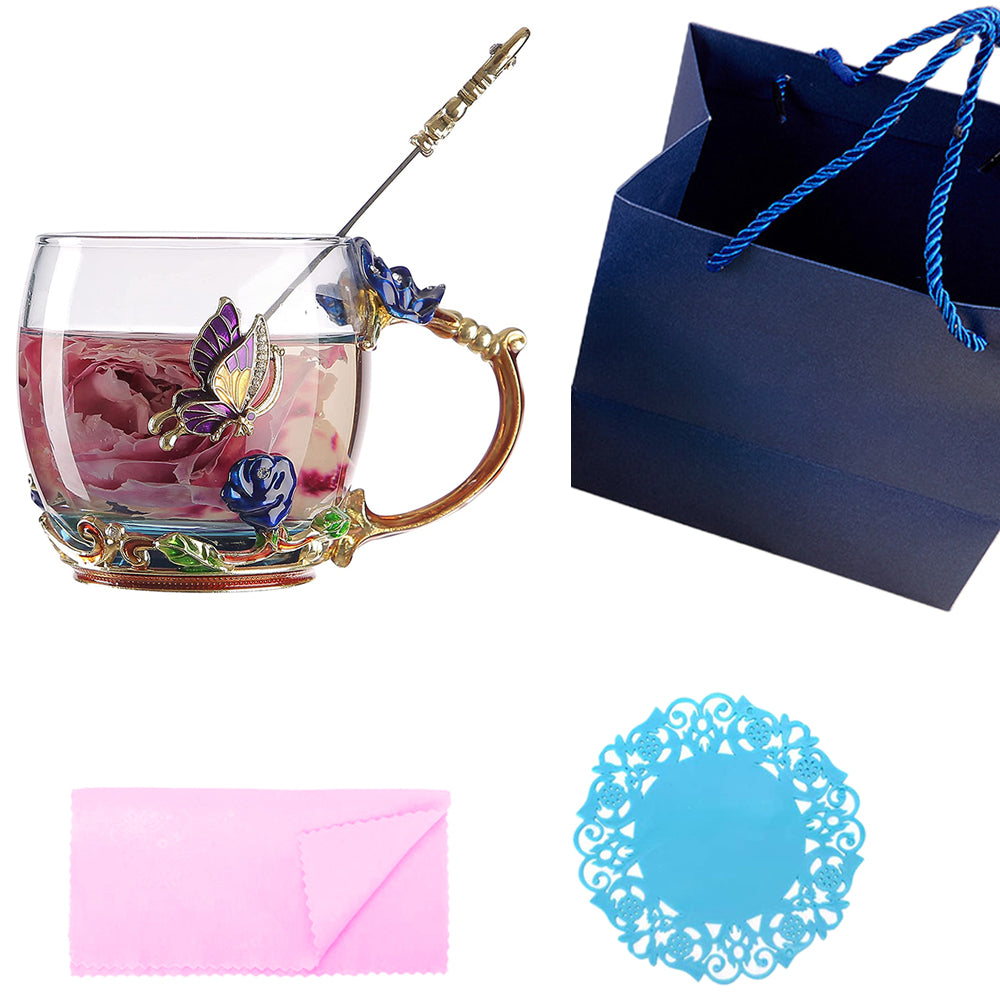 320ML Enamel Tea Cup Glass Coffee Mug with Spoon Coaster Box Blue