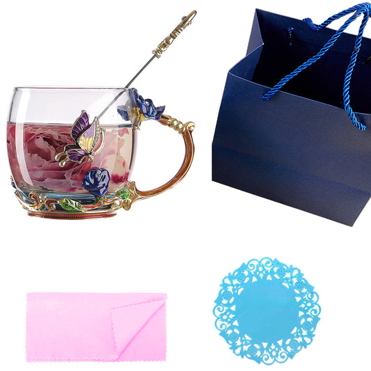 320ML Enamel Tea Cup Glass Coffee Mug with Spoon Coaster Box Blue