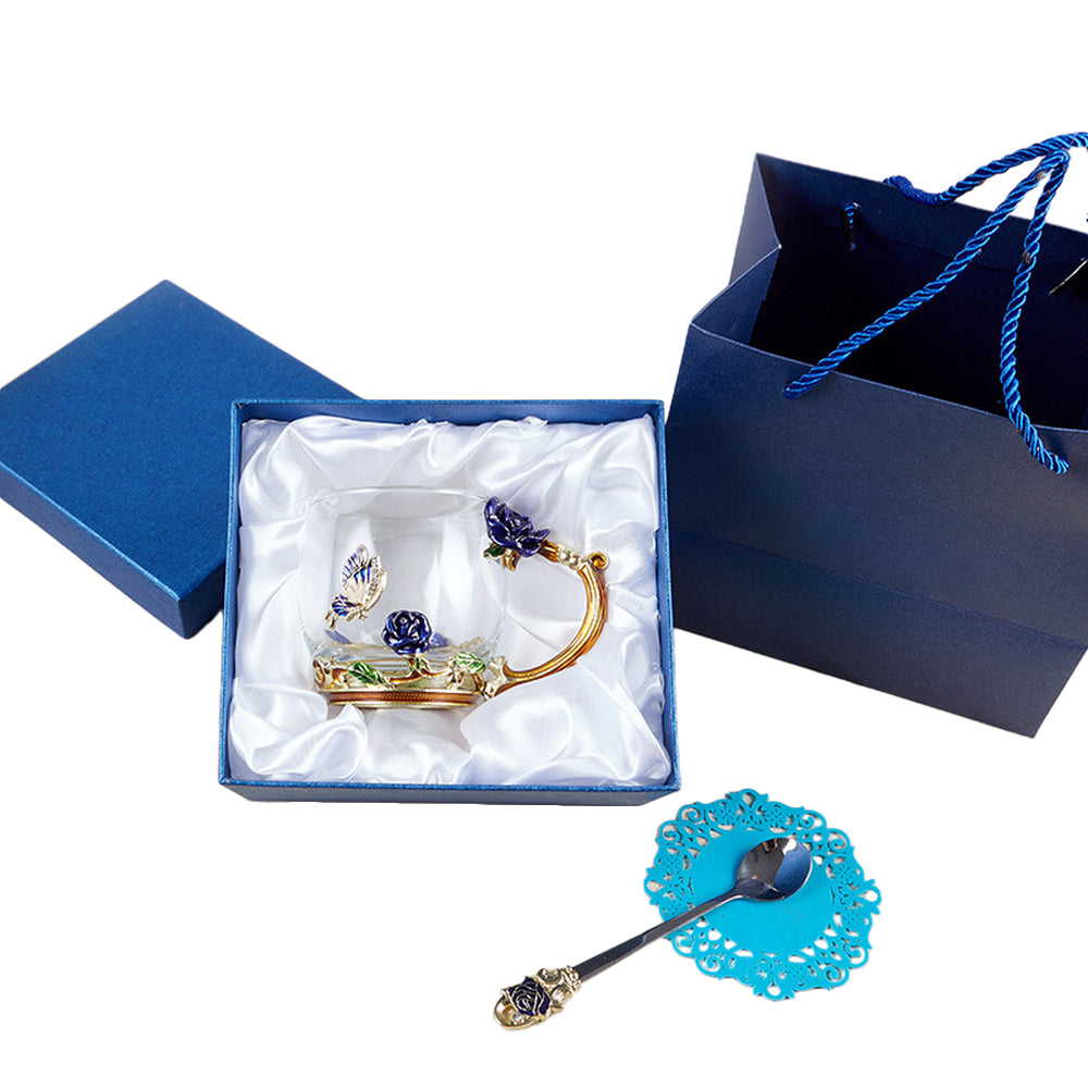 320ML Enamel Tea Cup Glass Coffee Mug with Spoon Coaster Box Blue