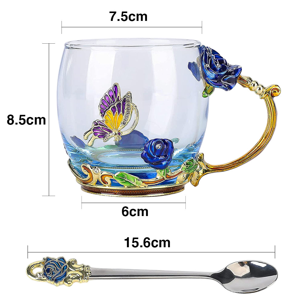 320ML Enamel Tea Cup Glass Coffee Mug with Spoon Coaster Box Blue