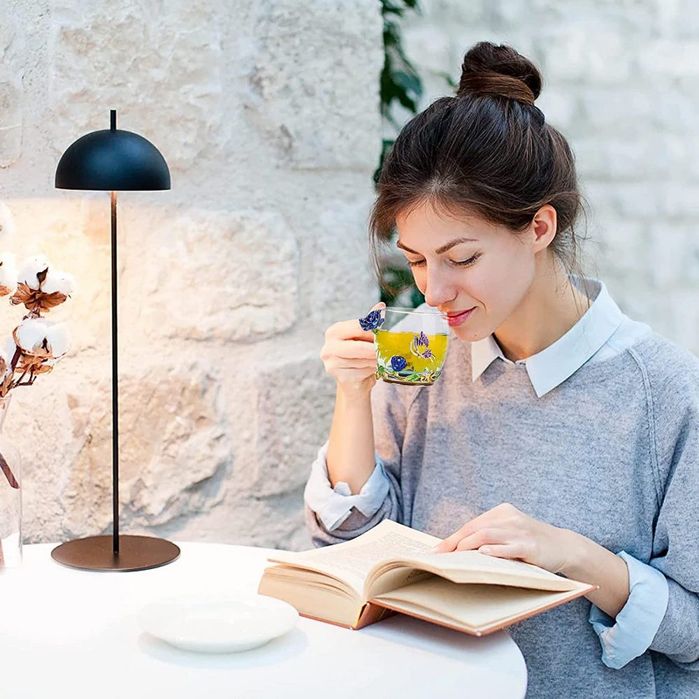 320ML Enamel Tea Cup Glass Coffee Mug with Spoon Coaster Box Blue