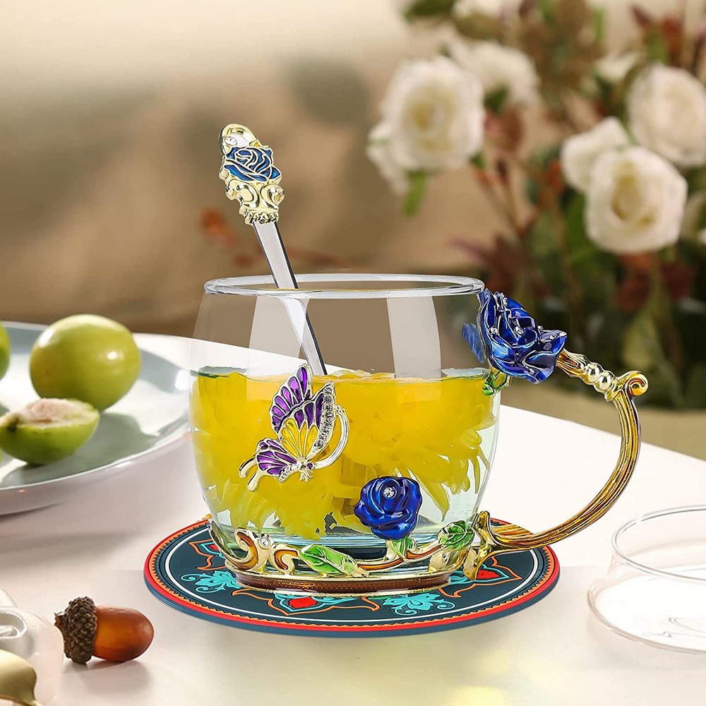 320ML Enamel Tea Cup Glass Coffee Mug with Spoon Coaster Box Blue