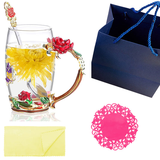 350ML Enamel Tea Cup Glass Coffee Mug with Spoon Coaster Box Red