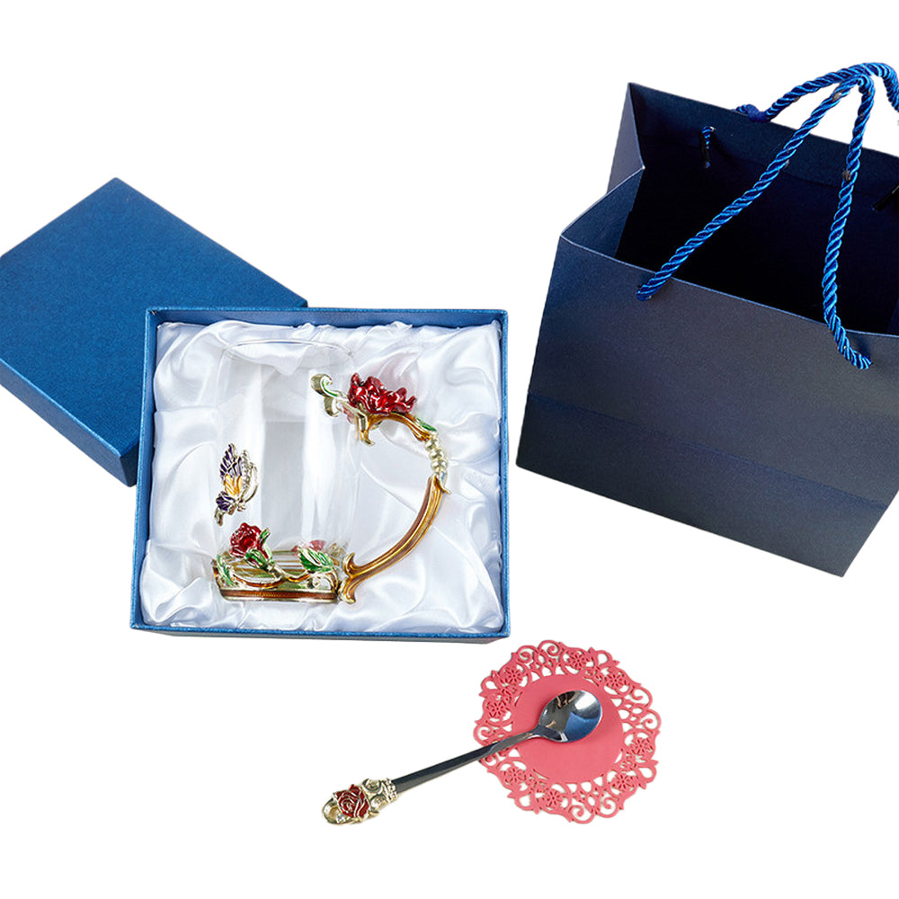 350ML Enamel Tea Cup Glass Coffee Mug with Spoon Coaster Box Red