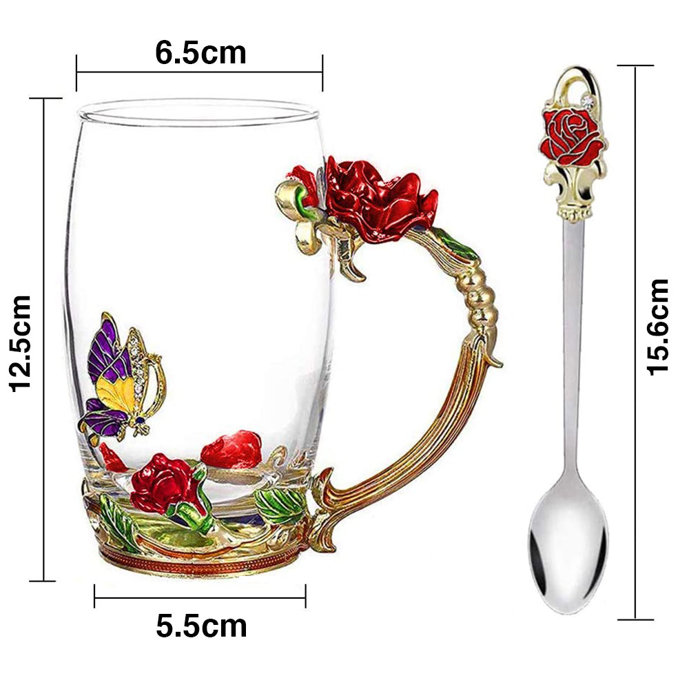 350ML Enamel Tea Cup Glass Coffee Mug with Spoon Coaster Box Red