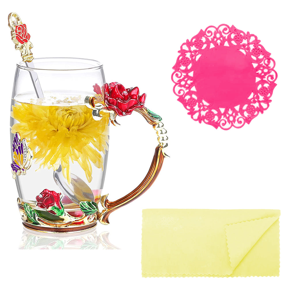 350ML Enamel Tea Cup Glass Coffee Mug with Spoon Coaster Box Red