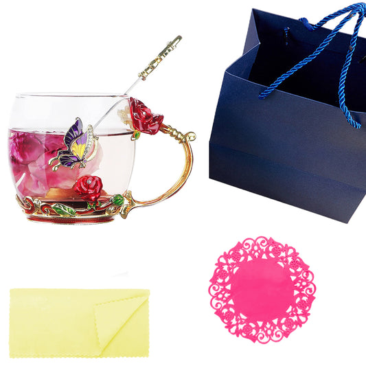 320ML Enamel Tea Cup Glass Coffee Mug with Spoon Coaster Box Red