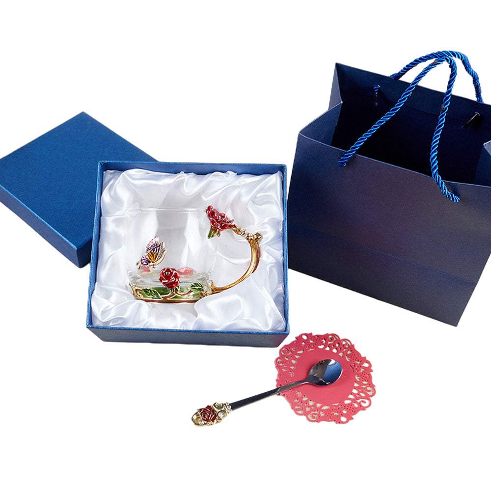 320ML Enamel Tea Cup Glass Coffee Mug with Spoon Coaster Box Red