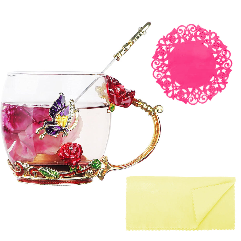 320ML Enamel Tea Cup Glass Coffee Mug with Spoon Coaster Box Red