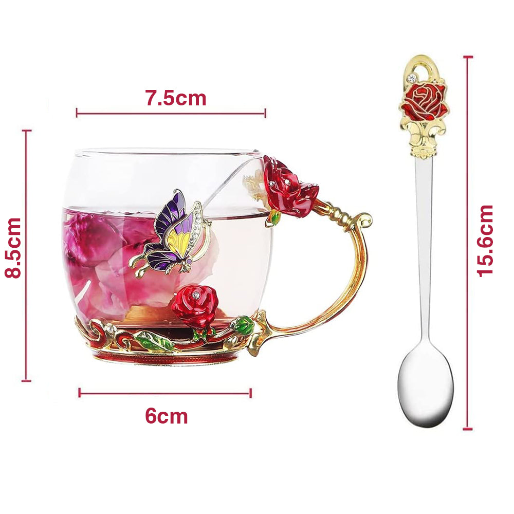 320ML Enamel Tea Cup Glass Coffee Mug with Spoon Coaster Box Red