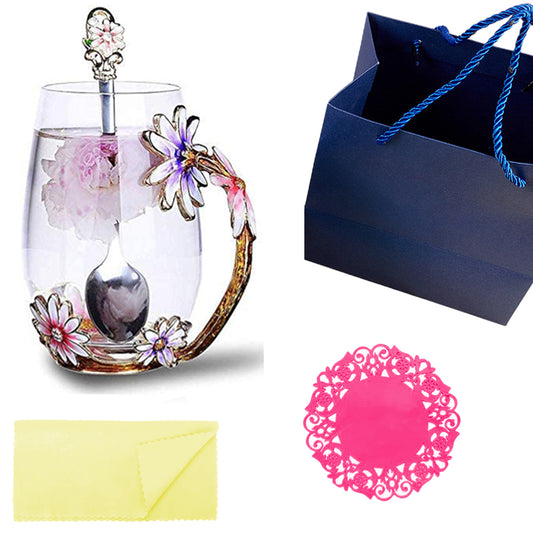 350ML Enamel Tea Cup Glass Coffee Mug with Spoon Coaster Box Flower