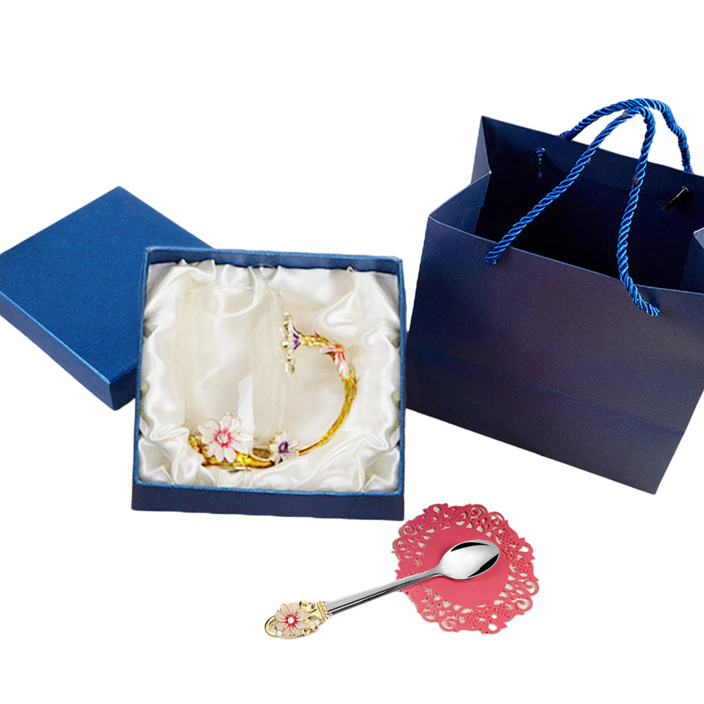 350ML Enamel Tea Cup Glass Coffee Mug with Spoon Coaster Box Flower