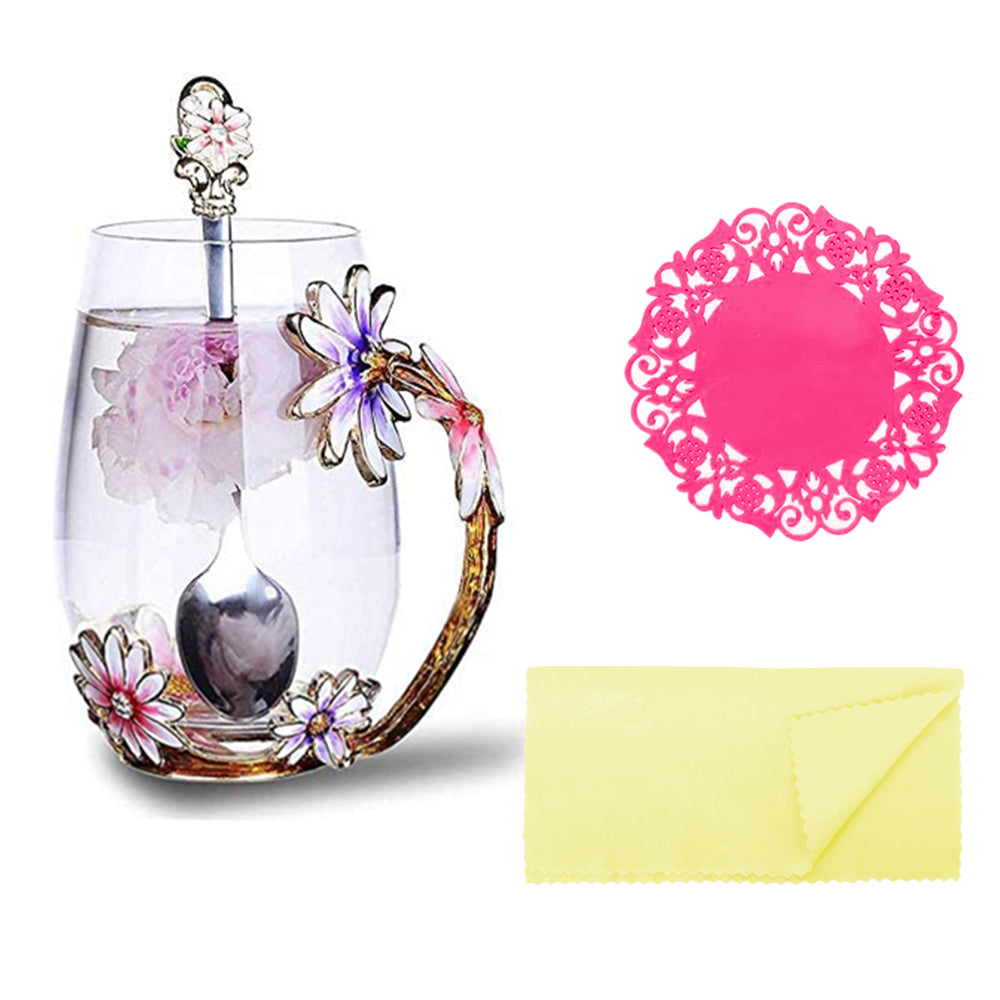 350ML Enamel Tea Cup Glass Coffee Mug with Spoon Coaster Box Flower