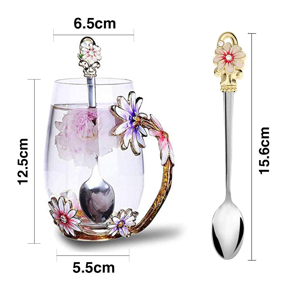 350ML Enamel Tea Cup Glass Coffee Mug with Spoon Coaster Box Flower