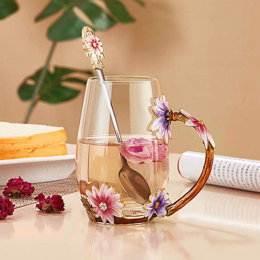 350ML Enamel Tea Cup Glass Coffee Mug with Spoon Coaster Box Flower