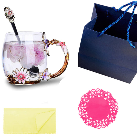 320ML Enamel Tea Cup Glass Coffee Mug with Spoon Coaster Box Flower