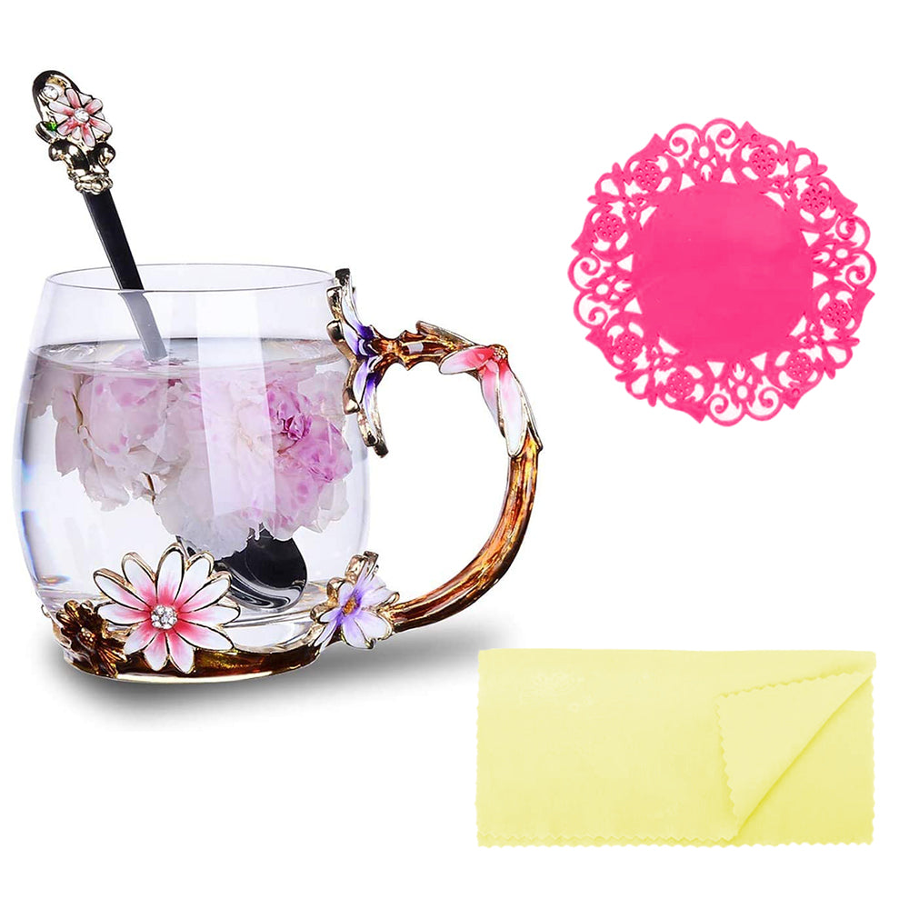 320ML Enamel Tea Cup Glass Coffee Mug with Spoon Coaster Box Flower