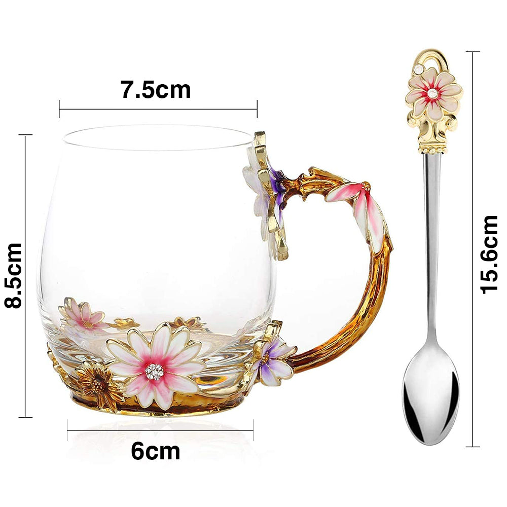320ML Enamel Tea Cup Glass Coffee Mug with Spoon Coaster Box Flower