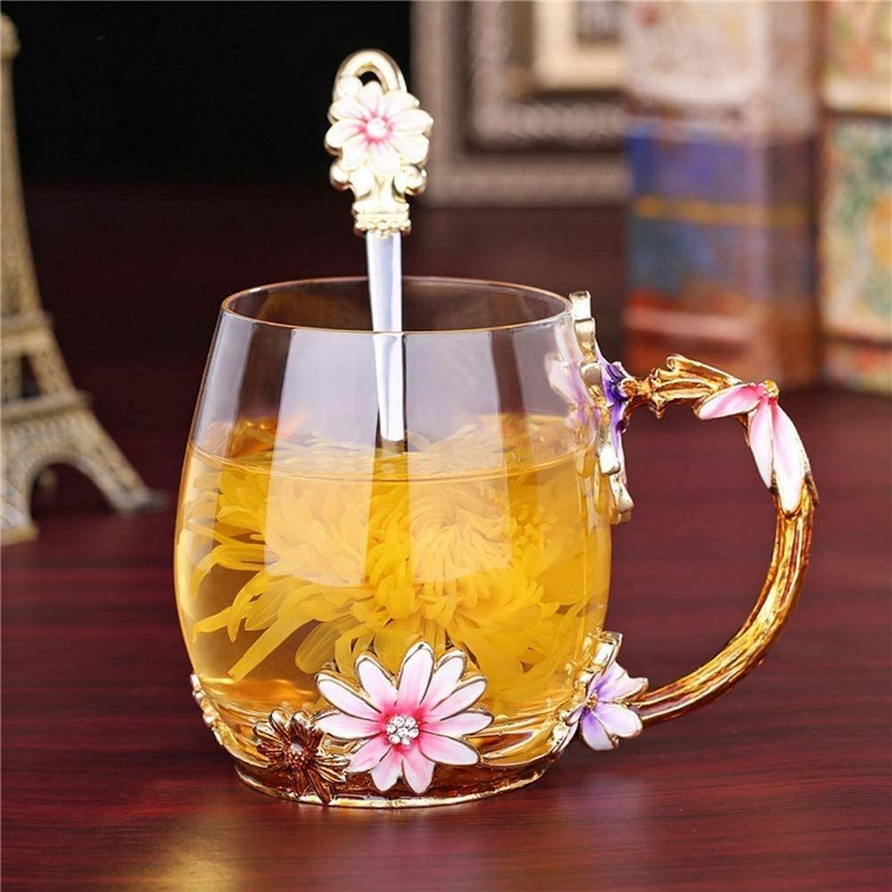 320ML Enamel Tea Cup Glass Coffee Mug with Spoon Coaster Box Flower