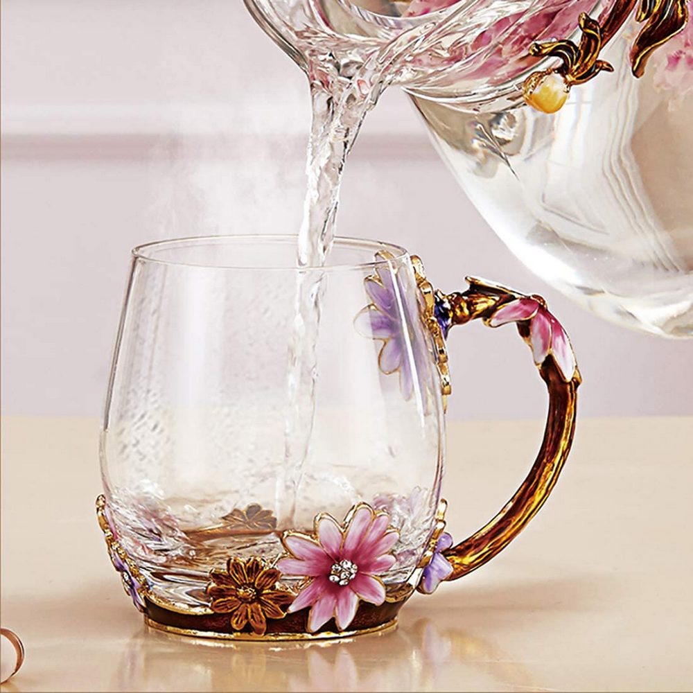 320ML Enamel Tea Cup Glass Coffee Mug with Spoon Coaster Box Flower