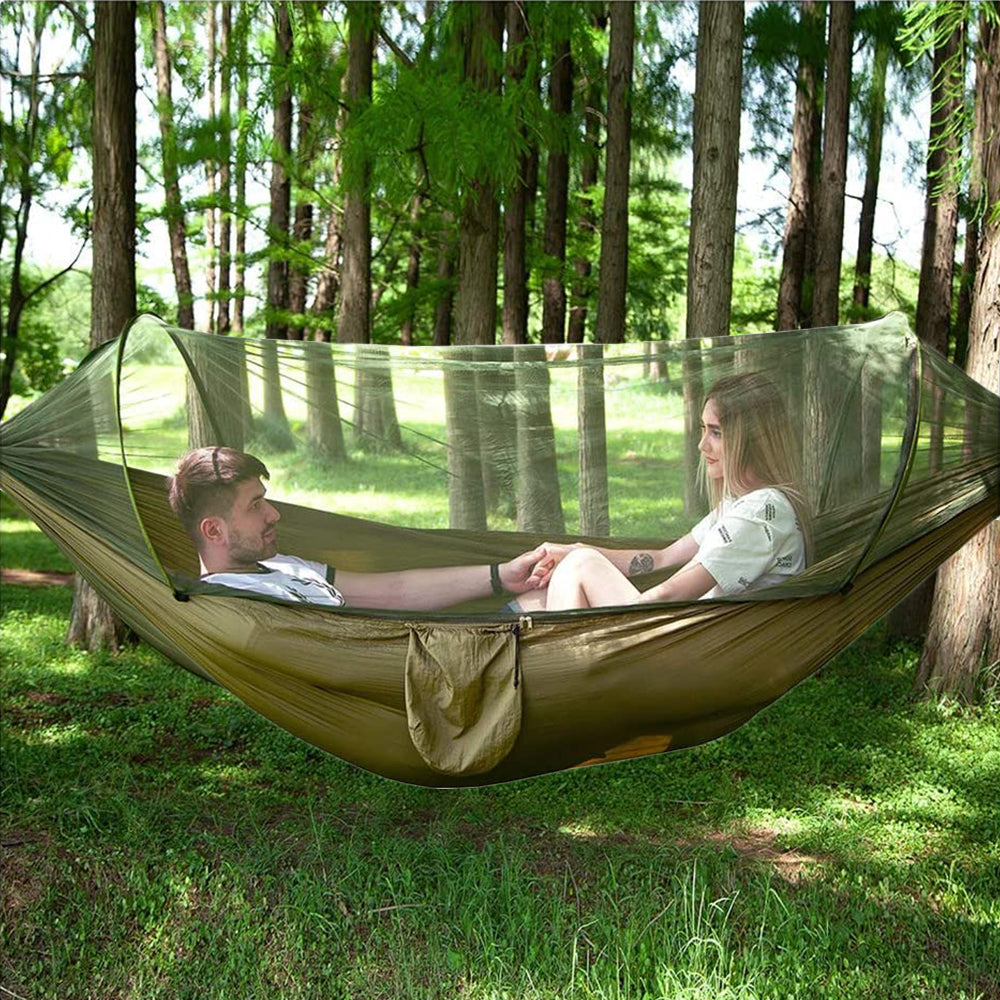 Outdoor Pop Up Hammock Bed With Mosquito Net Camping Swing for 1 or 2 Person Army Green