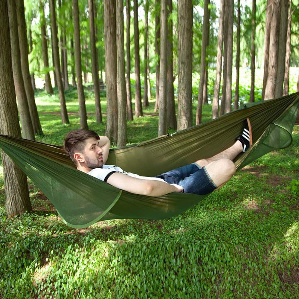 Outdoor Pop Up Hammock Bed With Mosquito Net Camping Swing for 1 or 2 Person Army Green