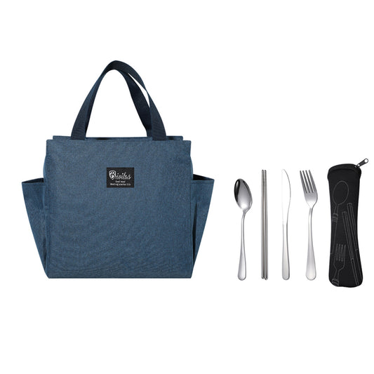 Navy Blue Insulated Thermal Cooler Lunch Bag with 4Pcs Cutlery Set