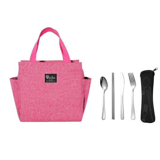 Pink Insulated Thermal Cooler Lunch Bag with 4Pcs Cutlery Set