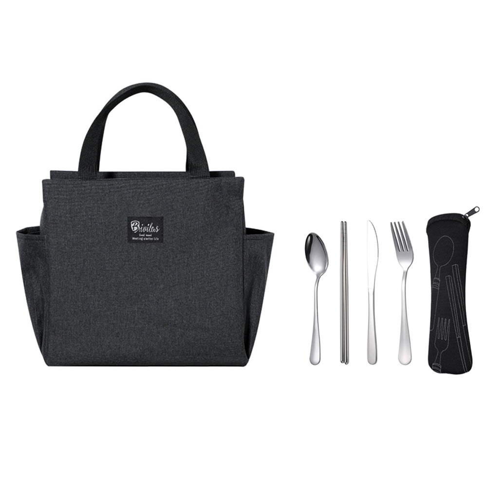 Black Insulated Thermal Cooler Lunch Bag with 4Pcs Cutlery Set
