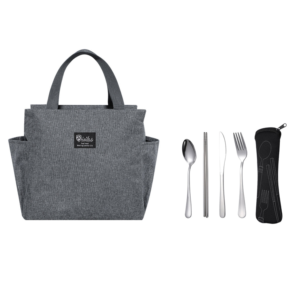 Grey Insulated Thermal Cooler Lunch Bag with 4Pcs Cutlery Set