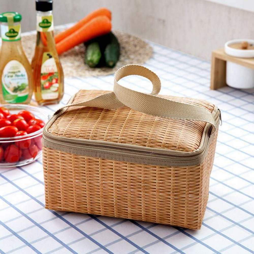 2Pcs Imitated Rattan Insulated Thermal Lunch Box Bags Picnic Basket