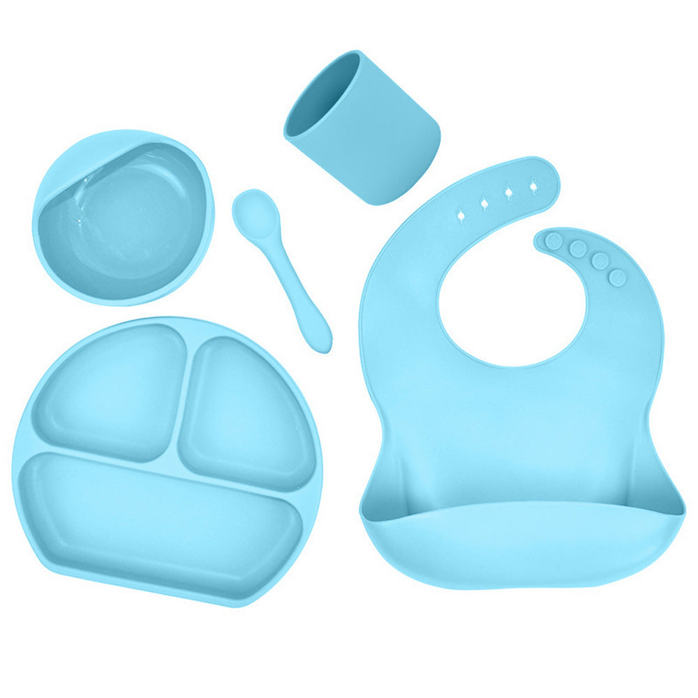 FDA Certified 5Pcs Kids Silicone Kids Feeding Set Blue