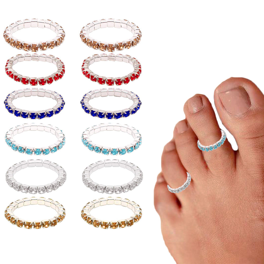 12PCS Elastic Colorful Rhinestones Toe Rings for Women Girls