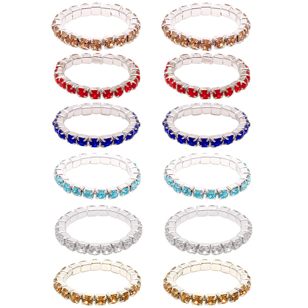12PCS Elastic Colorful Rhinestones Toe Rings for Women Girls