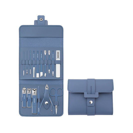 16pcs Manicure Pedicure Set Nail Scissors Grooming Kit with PU Leather Case Blue