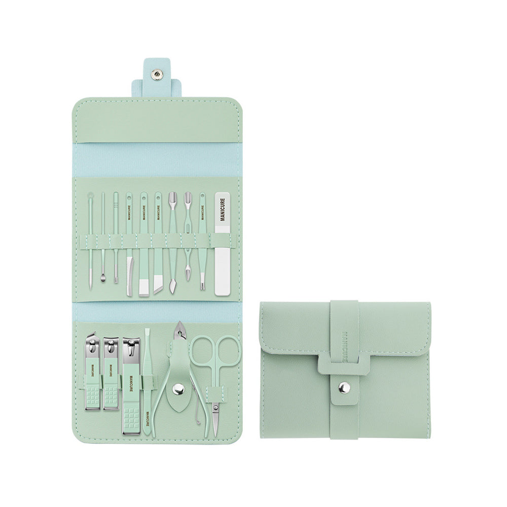 16pcs Manicure Pedicure Set Nail Scissors Grooming Kit with PU Leather Case Green