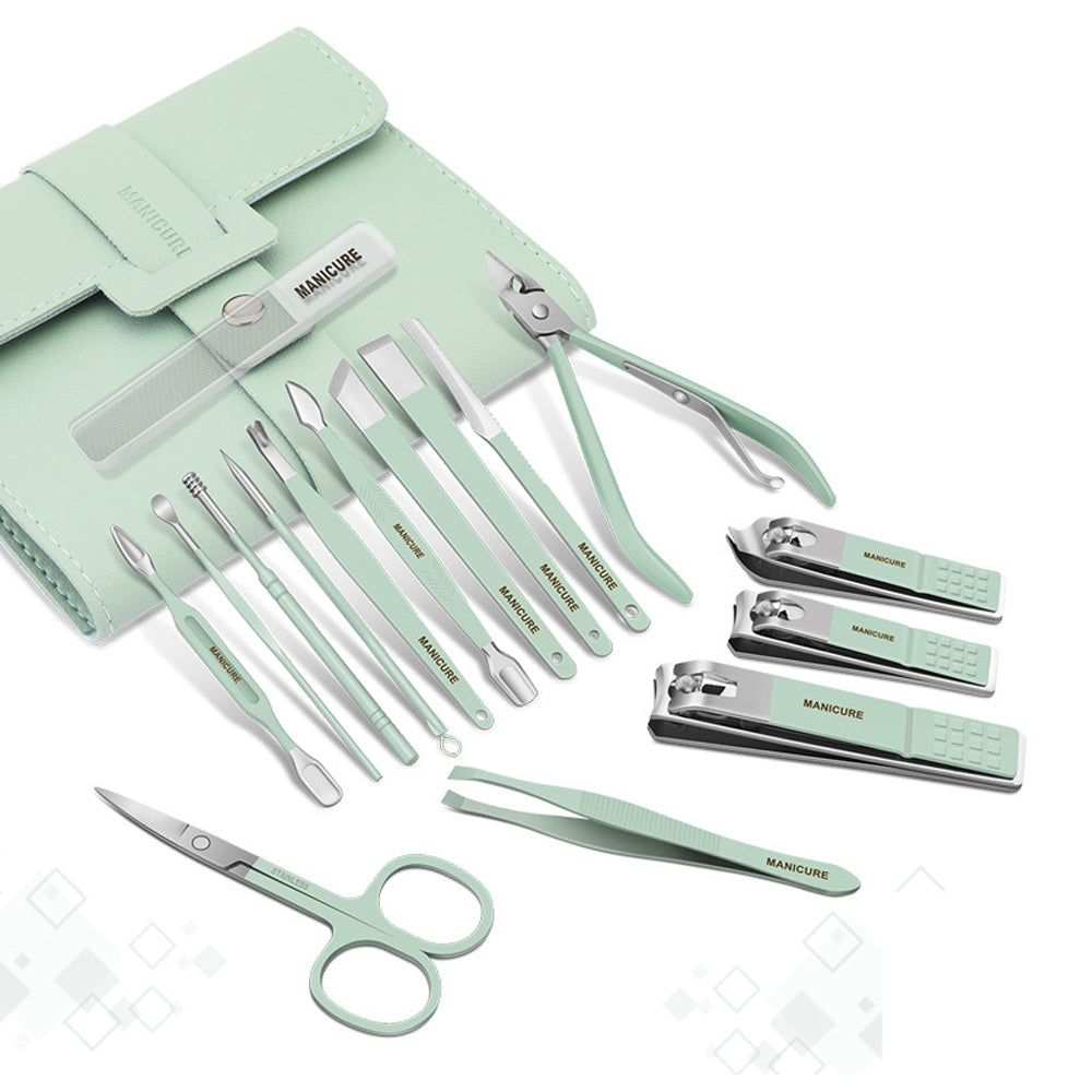 16pcs Manicure Pedicure Set Nail Scissors Grooming Kit with PU Leather Case Green