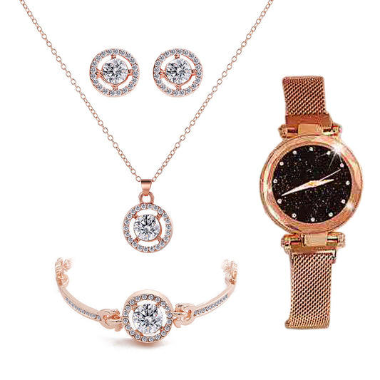 Women Watch Bracelet Necklace Earrings Set Jewellery Kit Style A