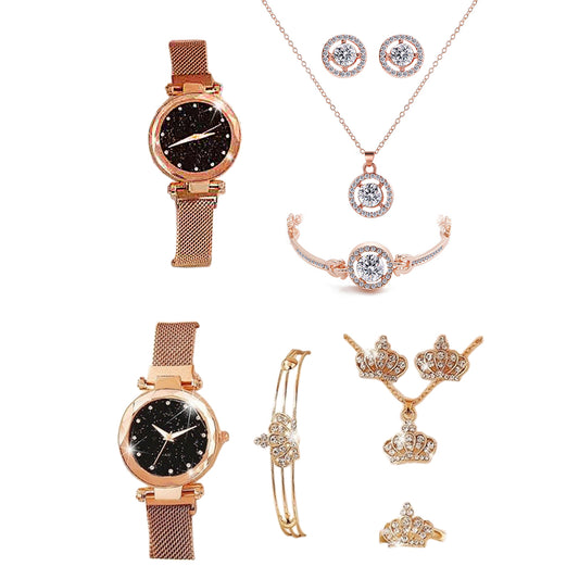 Women Watch Bracelet Necklace Earrings Set Jewellery Kit Style A B