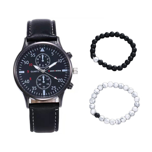 3Pcs Mens Business Watch Beads Bracelet Set PU Leather Watch Band Watch