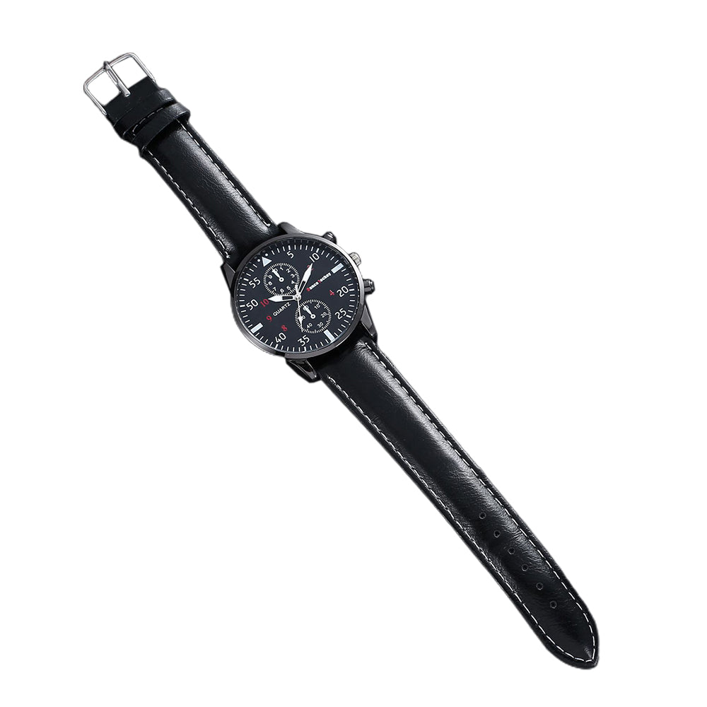 3Pcs Mens Business Watch Beads Bracelet Set PU Leather Watch Band Watch