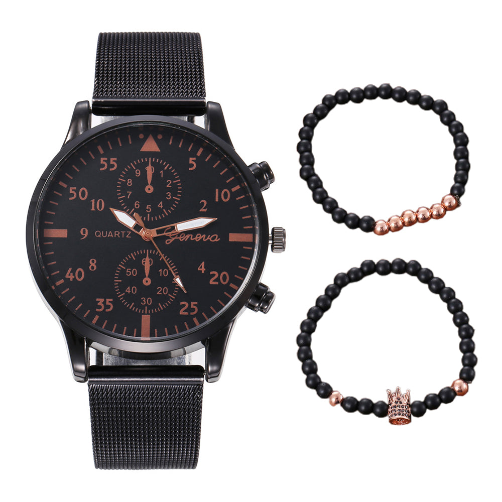 3Pcs Mens Business Watch Beads Bracelet Set Nylon Watch Band Watch