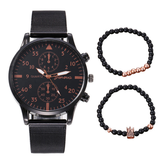 3Pcs Mens Business Watch Beads Bracelet Set Nylon Watch Band Watch