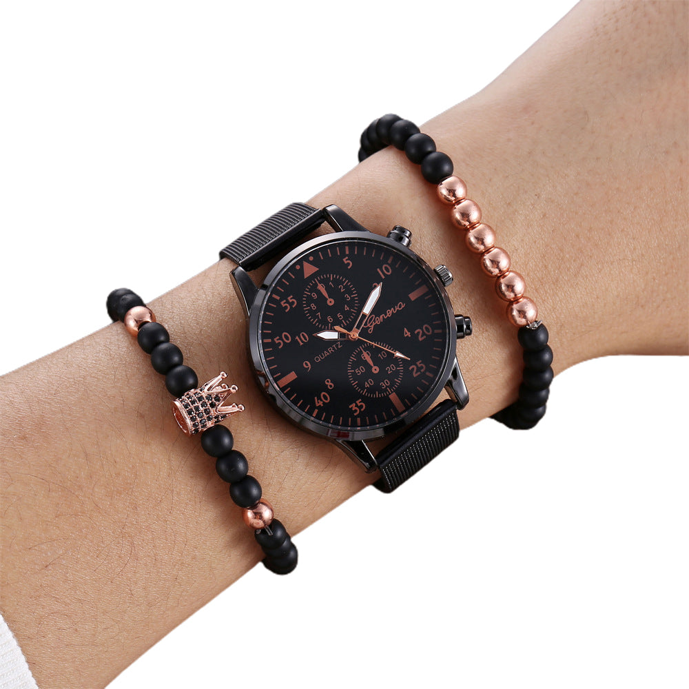 3Pcs Mens Business Watch Beads Bracelet Set Nylon Watch Band Watch