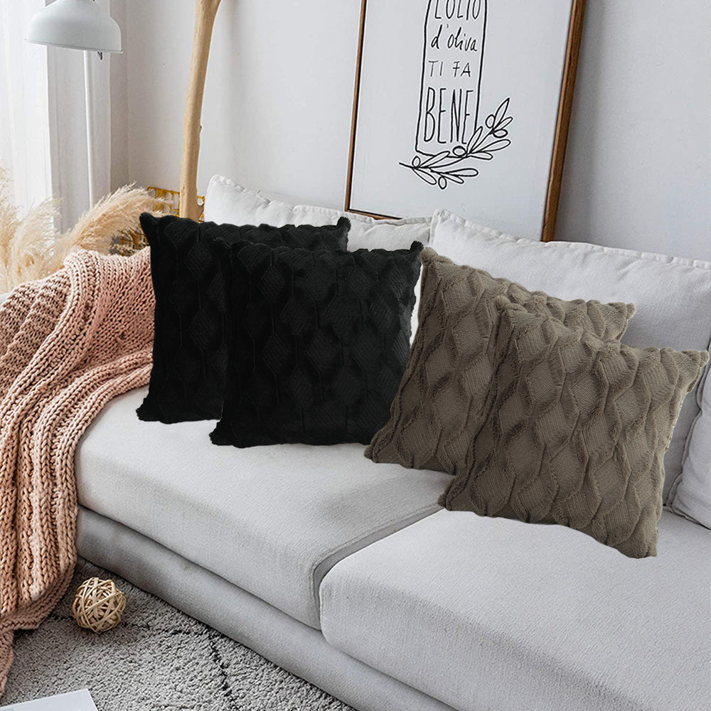 4 X Plush Cushion Cover Pillowcase Throw Pillow Covers Pillowcase - Dark Grey & Black