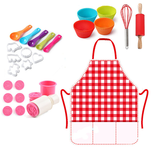 Kids Baking Play Toys Set Cooking Set Chef Costume Kit Red Apron