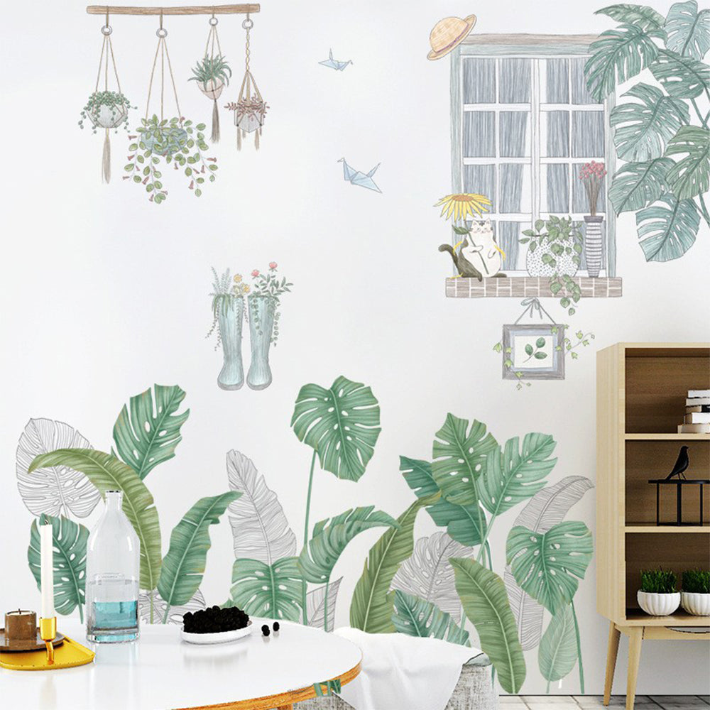 2X Wall Sticker Cat Wall Sticker Green Leaves Plant Decals Wallpaper Home Decor